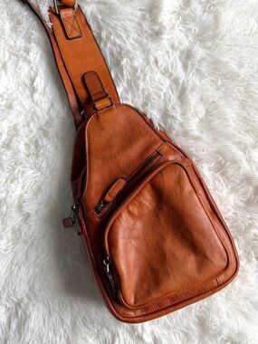 IVTG Brown Leather Sling Bag - Casual Crossbody Carry Genuine Thick Many Pockets